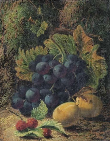 Grapes On A Vine, Plums And Raspberries On A Mossy Bank Oil Painting by Oliver Clare