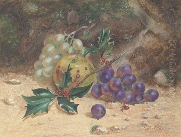 Holly With Berries, Grapes And An Apple On A Forest Floor Oil Painting by Oliver Clare