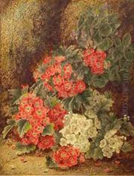 Primulas On A Mossy Bank Oil Painting by Oliver Clare