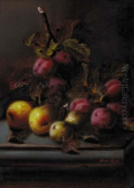 Plums And Apples On A Ledge Oil Painting by Oliver Clare