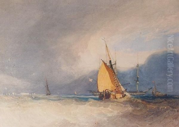 Boats Off The Coast In Choppy Seas Oil Painting by John Sell Cotman