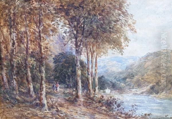 Figures On A Riverside Woodland Path Oil Painting by David I Cox