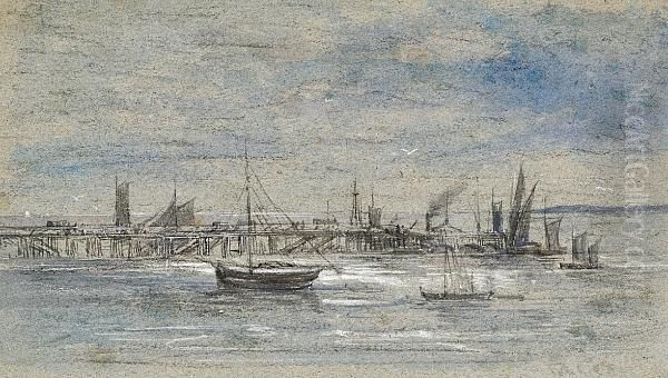 Harbor Scene With Boats By A Pier Oil Painting by David I Cox