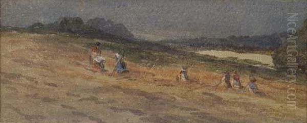 Landscape With Peasants In A Field Oil Painting by David I Cox