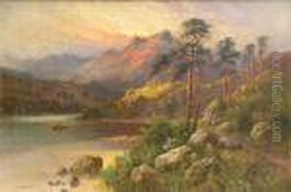 Sunset Over Ahighland Loch Oil Painting by Alfred de Breanski