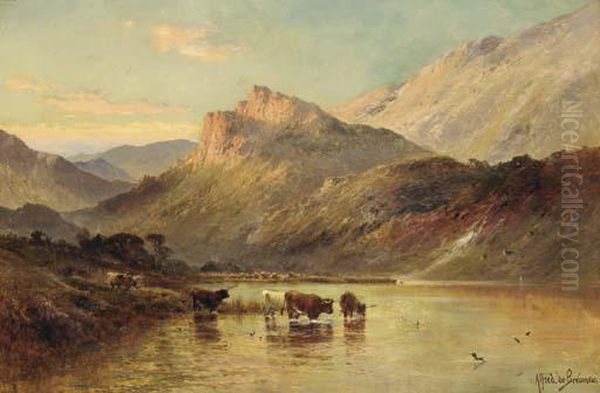 Cattle Watering In A Mountainous Landscape Oil Painting by Alfred de Breanski