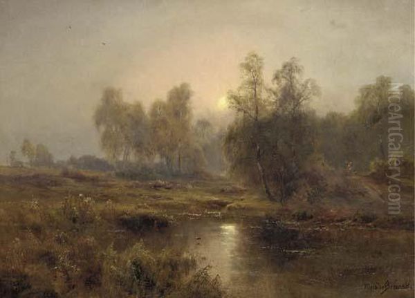 The Silver Birch Of Burnham - Moonrise Oil Painting by Alfred de Breanski