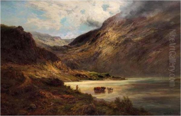 Cattle Watering In The Highlands Oil Painting by Alfred de Breanski