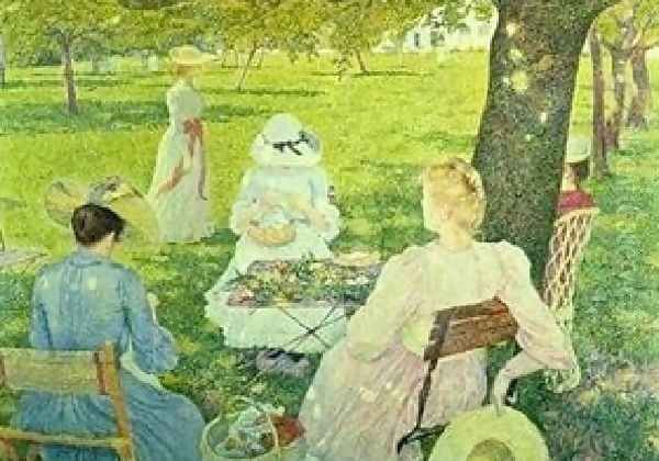 Family In The Orchard Oil Painting by Theo van Rysselberghe