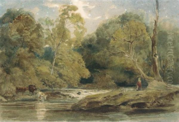 Cattle Watering In A Wooded River Landscape Oil Painting by Peter de Wint