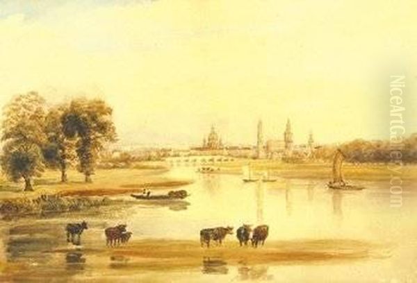 Attributed To. Cattle Grazing By The River Elbe, A View Of Dresden Beyond Oil Painting by Peter de Wint