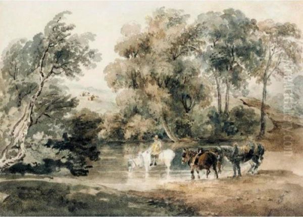 Horses Drinking At A Pool Oil Painting by Peter de Wint