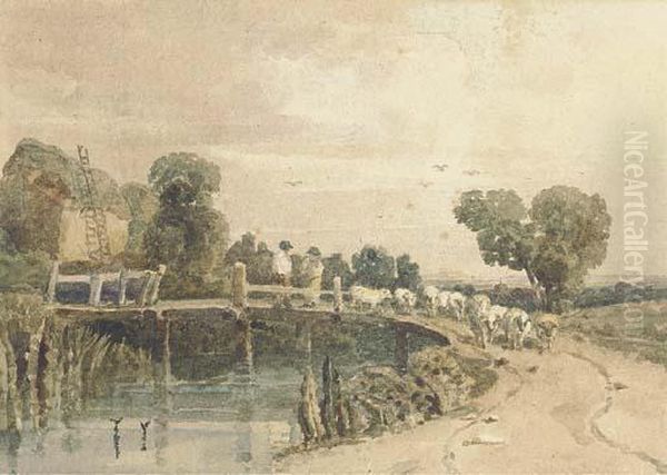 Shepherd And Flock On A Bridge, Near Newark Oil Painting by Peter de Wint