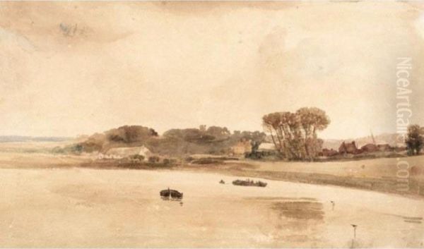 Boats On A River With Cottages On A Wooded Bank Beyond Oil Painting by Peter de Wint