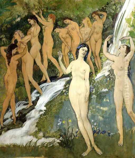 Ten Nudes by a Waterfall Oil Painting by Arthur Bowen Davies