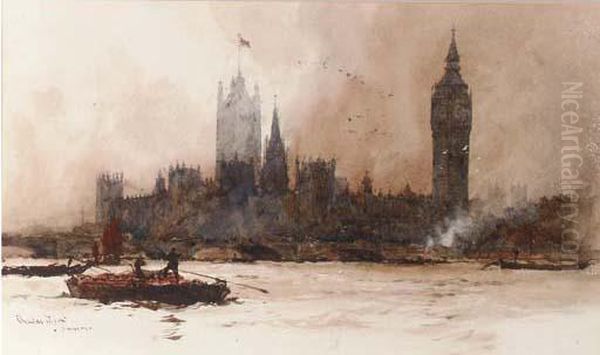 The Houses Of Parliament, From The River Thames Oil Painting by Charles Edward Dixon