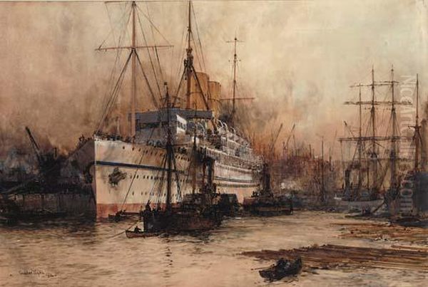 The P. & O. Liner Medina At The Quayside In Her Royal Yacht Livery Oil Painting by Charles Edward Dixon