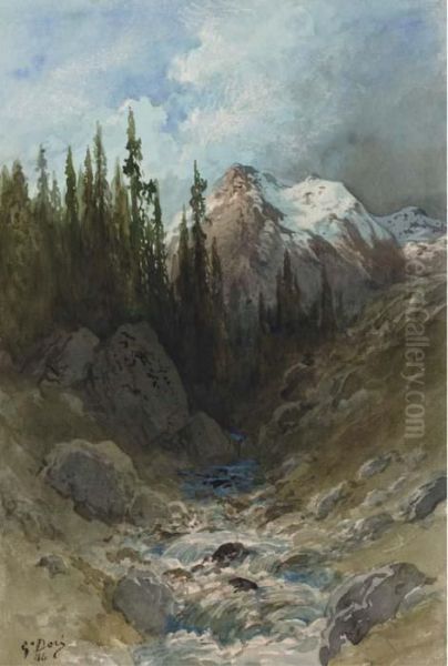 Un Paysage Alpestre, Un Torrent Au Premier Plan Oil Painting by Gustave Dore