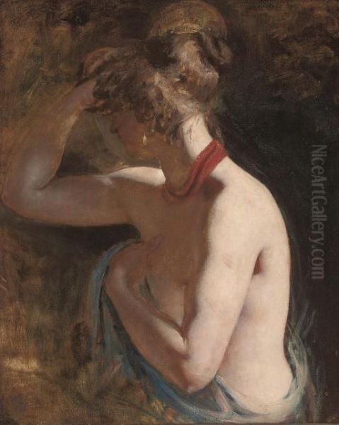 Study Of A Female Nude, 
Half-length, Draped In A Blue Wrap With A Red Scarf Around Her Neck Oil Painting by William Etty