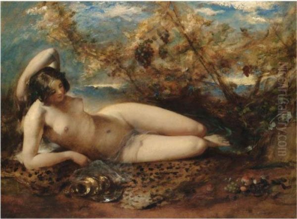 A Young Woman Reclining On A Fur Rug Oil Painting by William Etty