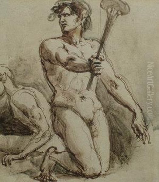 Ra -- Study Of A Man Holding An 
Instrument; Pen And Brown Ink With Watercolour Wash, 10x8.5cm Oil Painting by William Etty