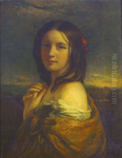 R.a. Portrait Of A Young Girl, 
Head And Shoulders, Wearing A Cream Dress And Red Shawl, Together With 
Red Flower Decorating Her Hair, An Extensive Landscape Beyond Inscribed 
With The Artist's Name And His Dates On An Old Label Verso, Together 
With Oil Painting by William Etty