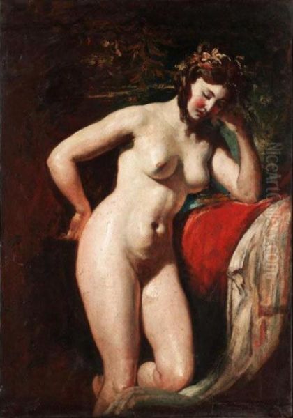 Study Of A Female Nude - Contemplation Oil Painting by William Etty