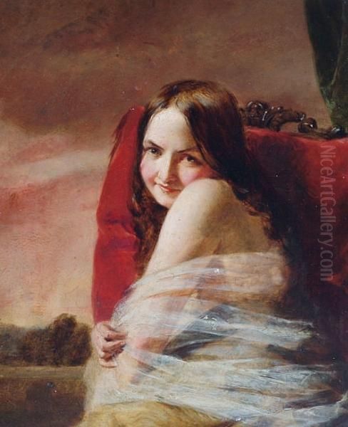 A Young Woman Seated On A Red Cushion Oil Painting by William Etty