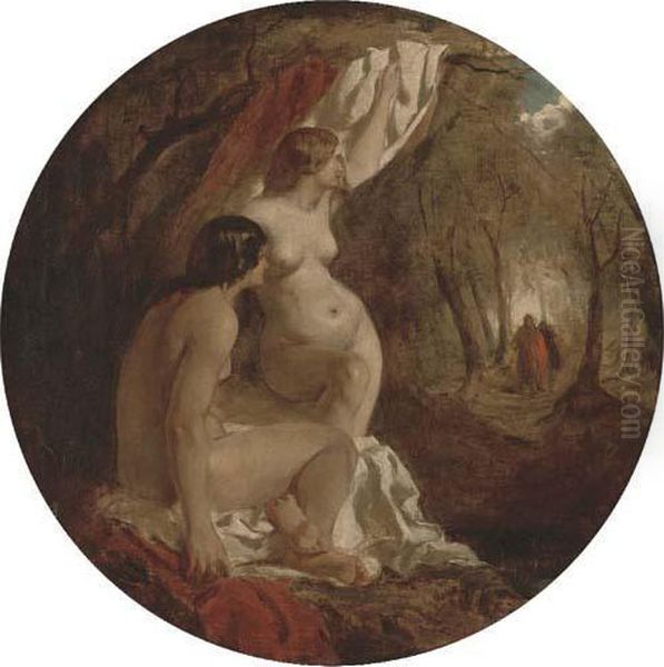 Two Female Nudes In A Wood Oil Painting by William Etty