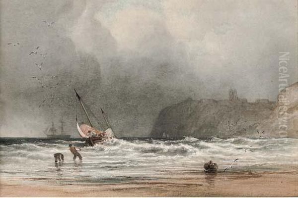 Hauling In The Fishing Boat Onto The Shore Oil Painting by Anthony Vandyke Copley Fielding