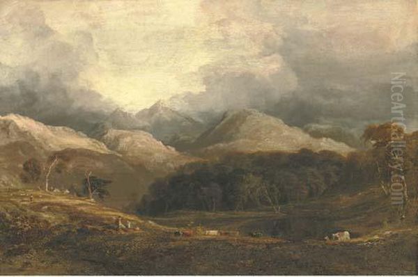 View From Pont Aberglaslyn Looking West Towards Moel Hebog And The Aberglaslyn Woods Oil Painting by Anthony Vandyke Copley Fielding