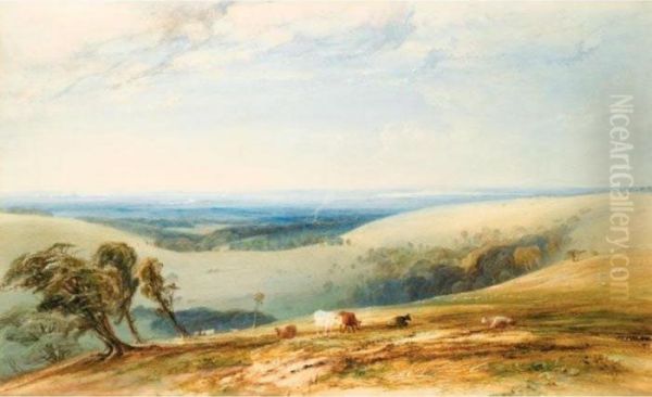 Bow Hill On The Sussex Downs, Chichester And The Isle Of Wight Beyond Oil Painting by Anthony Vandyke Copley Fielding