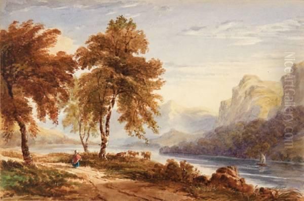 A Mountain River Landscape With A Figure And Cattle Oil Painting by Anthony Vandyke Copley Fielding