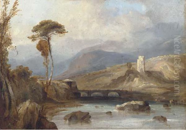 Figures On A Bridge, With Ruins Beyond Oil Painting by Anthony Vandyke Copley Fielding