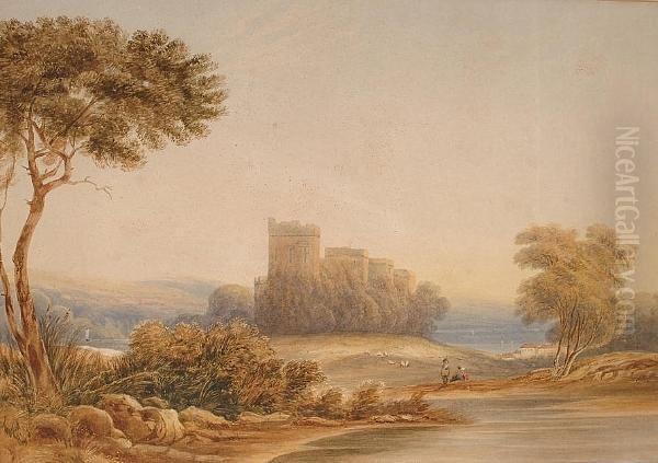 A Castle By A River, Probably Chepstow Oil Painting by Anthony Vandyke Copley Fielding