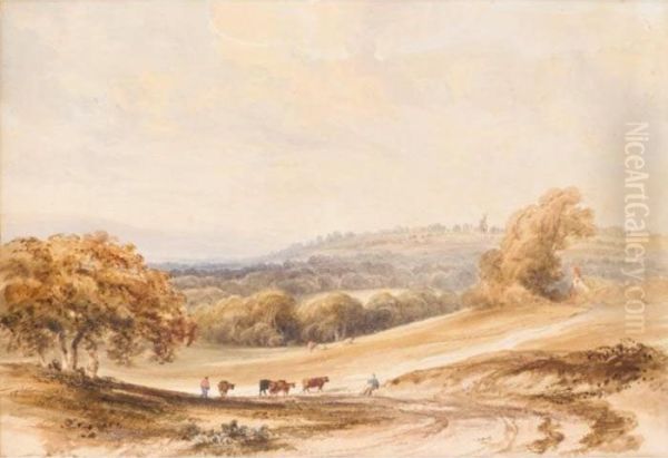 Farmers And Cattle In A Landscape With A Cottage And Windmill Beyond Oil Painting by Anthony Vandyke Copley Fielding