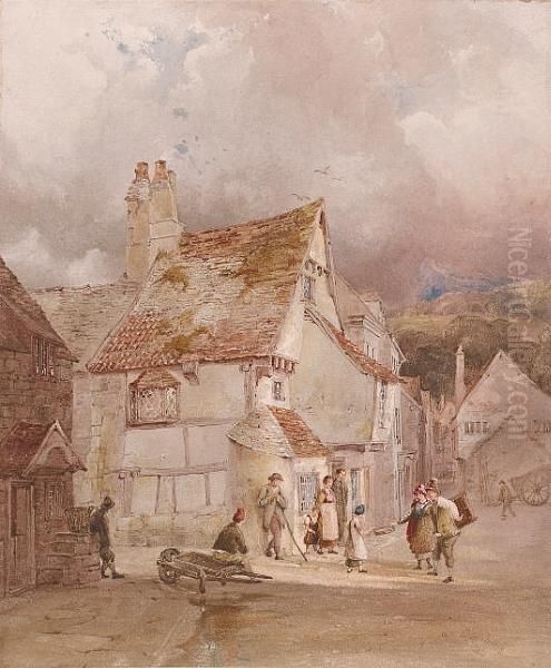 Figures On A Village Street Oil Painting by Anthony Vandyke Copley Fielding