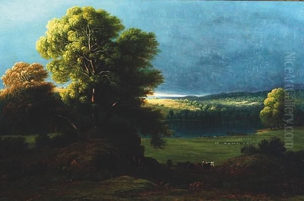 Storm Clouds Over A Lake With A Shaft Of Sunlight Catching The Hills Beyond Oil Painting by Anthony Vandyke Copley Fielding