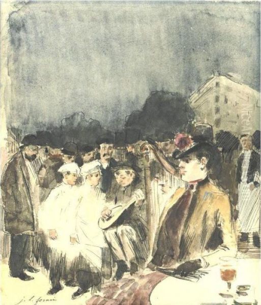 Musiciens Ambulants Devant La Terrasse D'un Cafe Oil Painting by Jean-Louis Forain