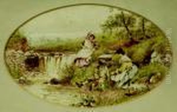 An Oval Water Colour Oil Painting by Myles Birket Foster