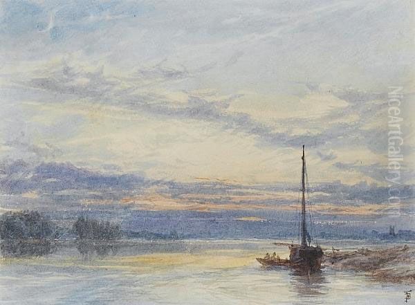 On The Thames At Dusk Oil Painting by Myles Birket Foster