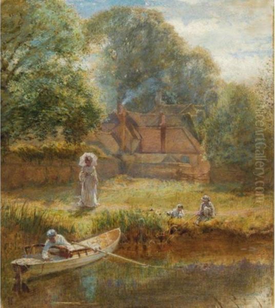 Fishing On A Summer's Afternoon Oil Painting by Myles Birket Foster