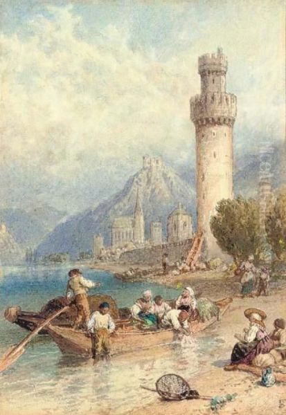 Oberweisel On The Rhine Oil Painting by Myles Birket Foster