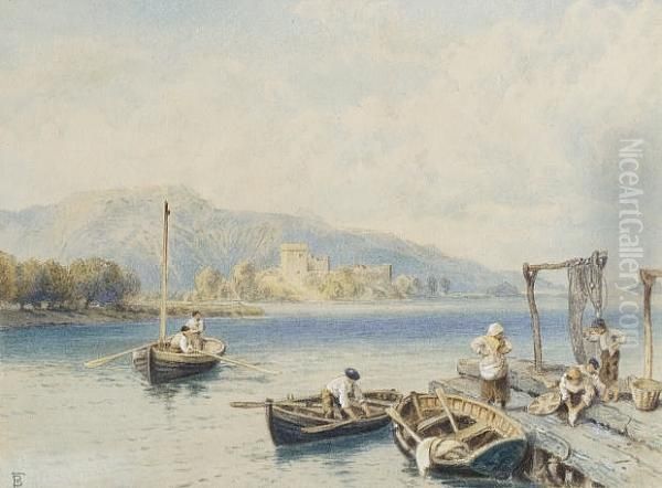 Fishermen At The Pier Oil Painting by Myles Birket Foster