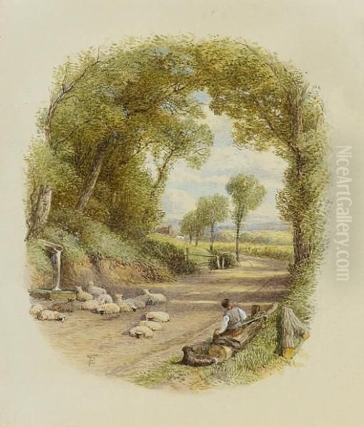 A Country Road With Shepherd Resting With His Sheep By A Spring Oil Painting by Myles Birket Foster