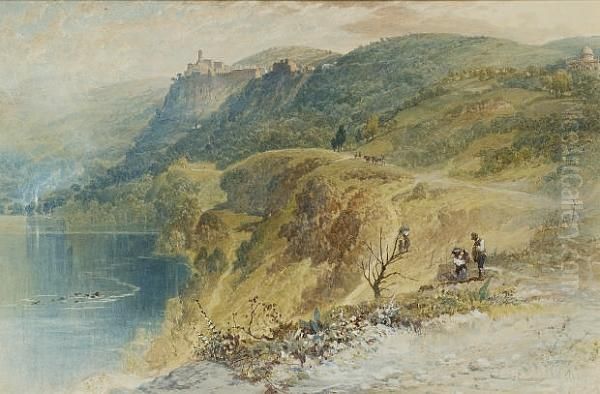 Figures By Lake Nemi, Italy Oil Painting by Myles Birket Foster