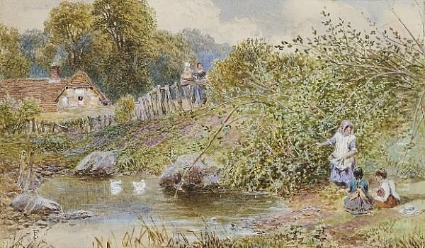 The Village Pond Oil Painting by Myles Birket Foster