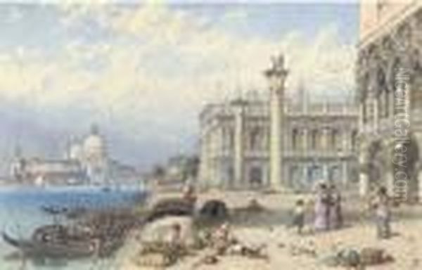 The Lion At St Mark's Square And The Doge's Palace, Venice Oil Painting by Myles Birket Foster