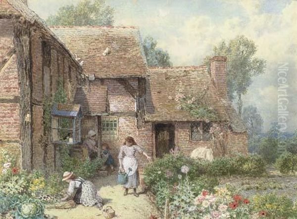 The Young Gardeners Oil Painting by Myles Birket Foster