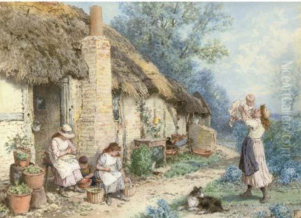 Shelling Peas Oil Painting by Myles Birket Foster